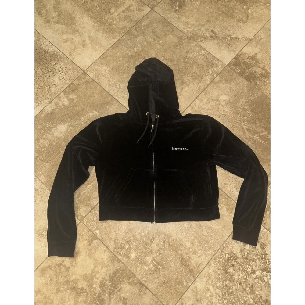 iets frans... Hoodie Womens Large Black Velour Zip Up Cropped Embroidered‎ Logo